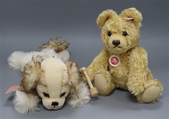 Two Steiff toys: Honey Bear (no pot) and Charley Purse, white tag and bag